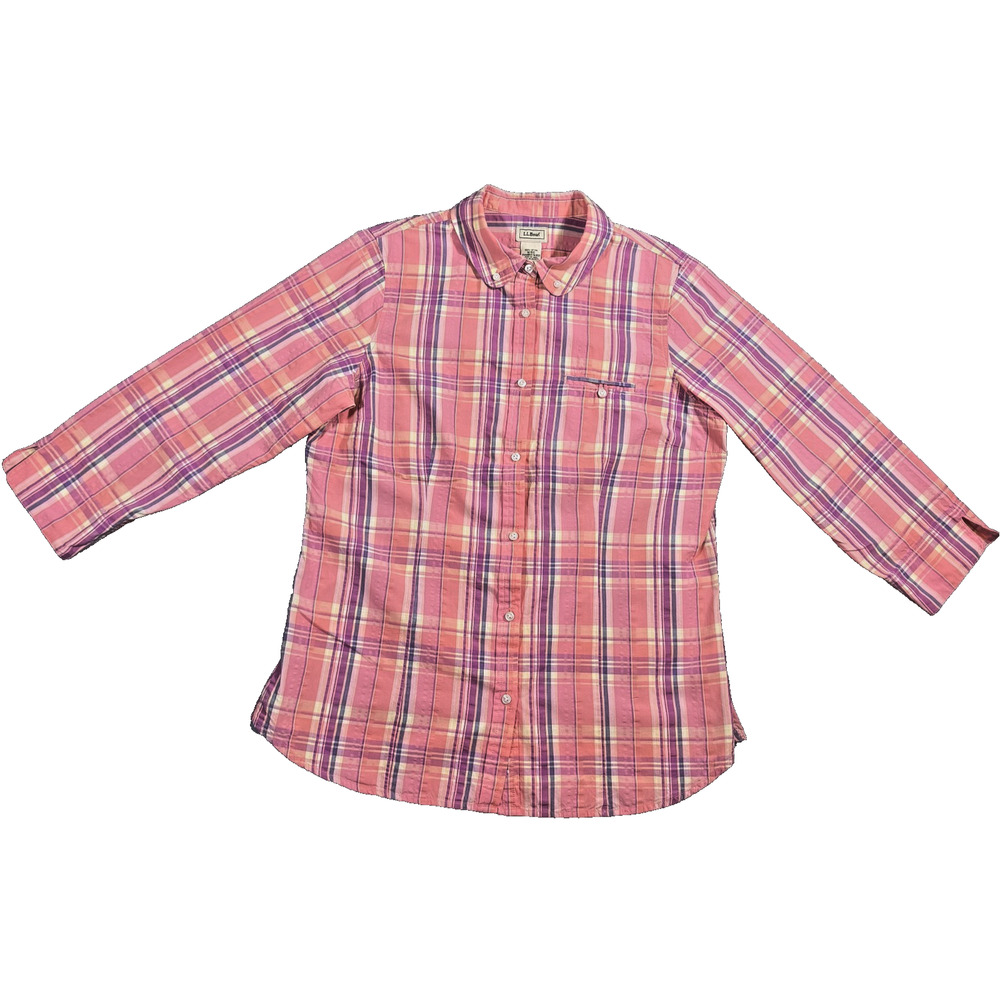 LL Bean Shirt Women's M Plaid Pink Purple Button Down Long Sleeve Pocket